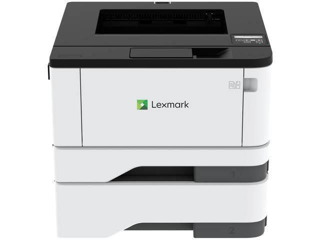 Une imprimante Lexmark avec bacs à papier doubles, conception principalement noire et blanche, vue de face.