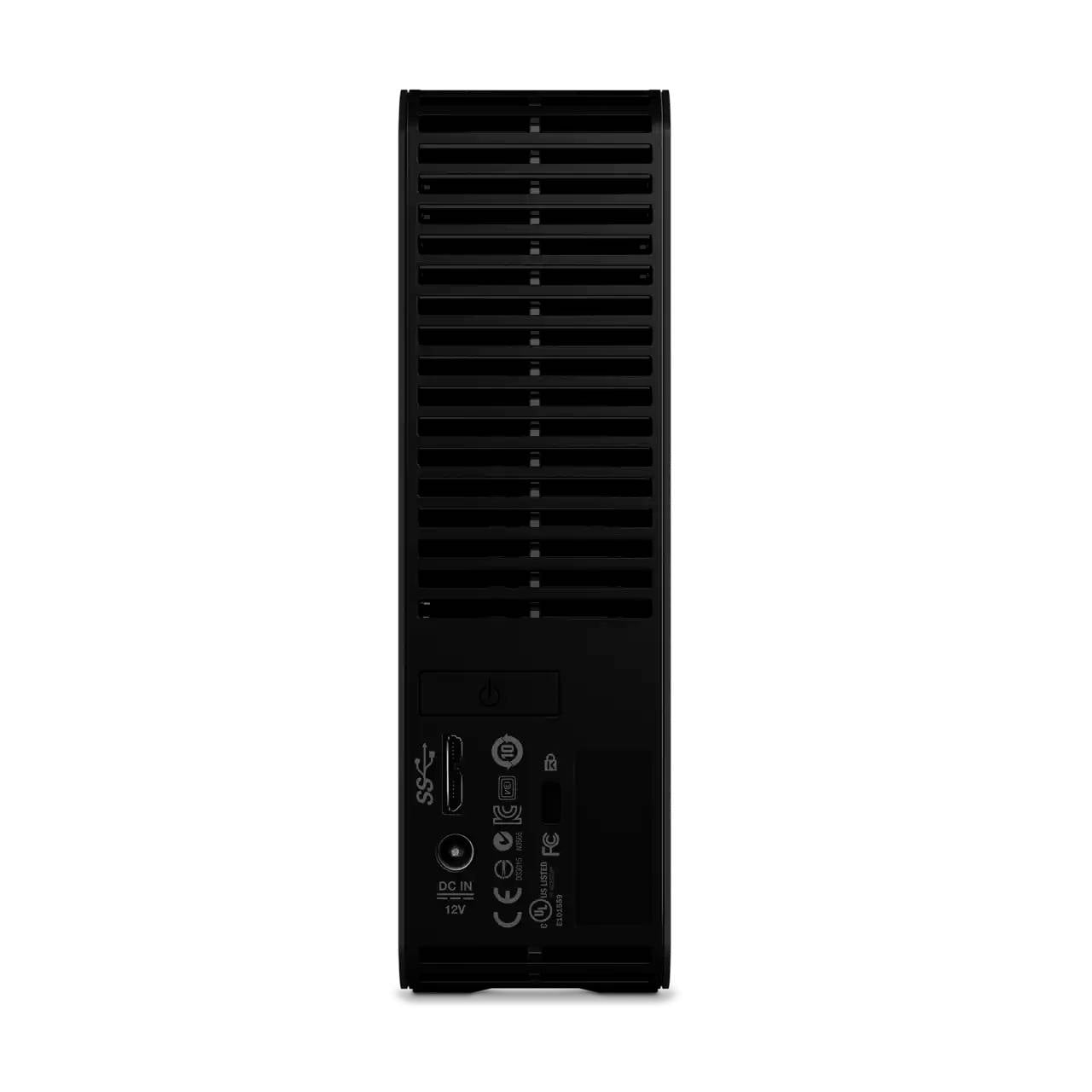 « Vue arrière d'un disque dur externe noir montrant les fentes de ventilation, le port USB, l'entrée d'alimentation et divers logos de certification. »
