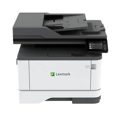 Une imprimante multifonctions avec un écran d'affichage, présentant le logo Lexmark sur l'avant.