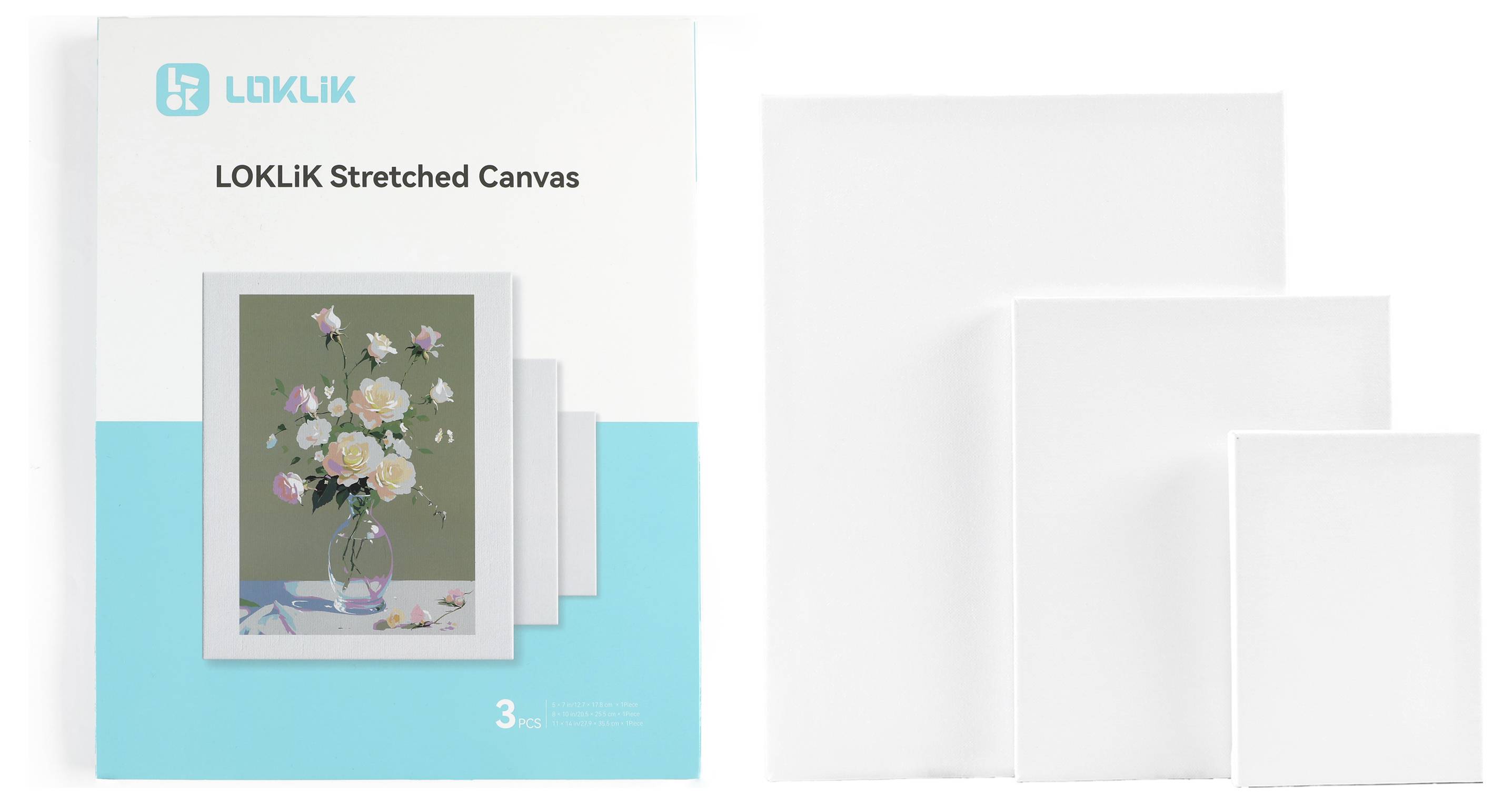 Emballage « LOKLik Stretched Canvas » à côté de trois toiles vierges de tailles variées, présentant des fournitures d'art adaptées à la peinture.