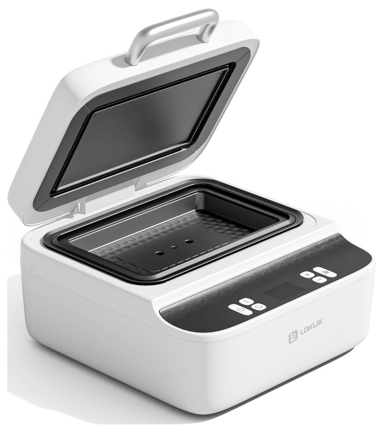 Une machine sous-vide blanche avec un écran numérique et un couvercle ouvert, révélant un intérieur en acier inoxydable adapté à la cuisson précise.