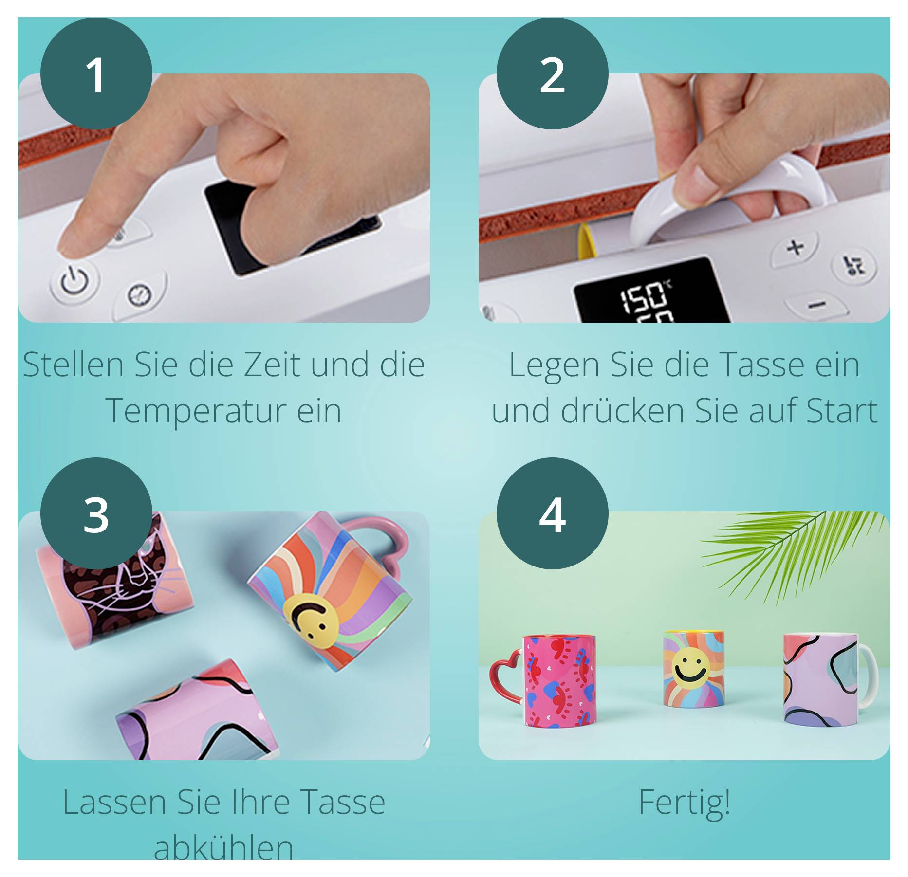 Processus en quatre étapes pour décorer des mugs : 1. Réglez le temps et la température. 2. Placez le mug dans la presse et démarrez. 3. Laissez les mugs refroidir. 4. Mugs finis avec des motifs.