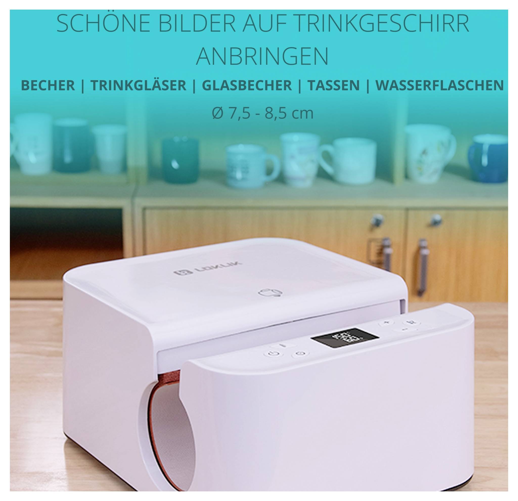 Une imprimante d'étiquettes pour la personnalisation de vaisselle se trouve sur un comptoir. Diverses tasses et gobelets sont exposés en arrière-plan.