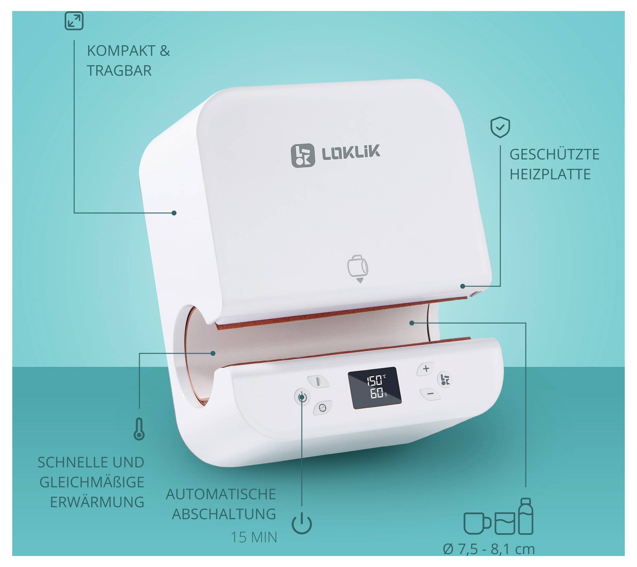 Sandwich maker compact 'Loklik' au design portable, plaque chauffante protégée, chauffage rapide et régulier, arrêt automatique en 15 minutes, taille de 7,5-8,1 cm.
