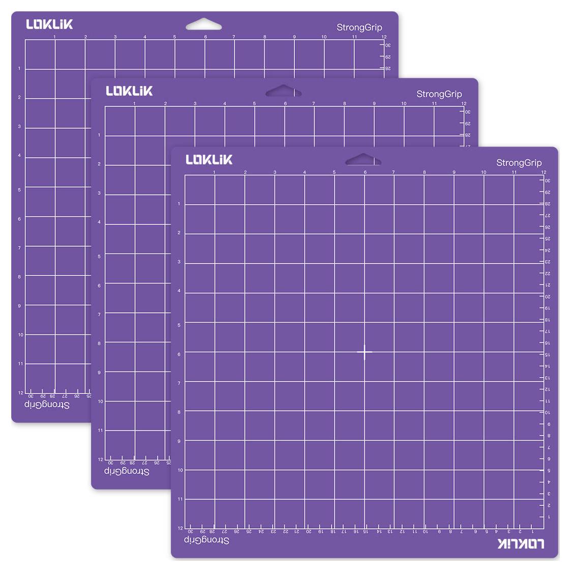 Trois tapis de travail violet avec lignes de grille et étiquette « StrongGrip », utilisés pour les travaux de précision et la découpe dans les arts et l'artisanat.