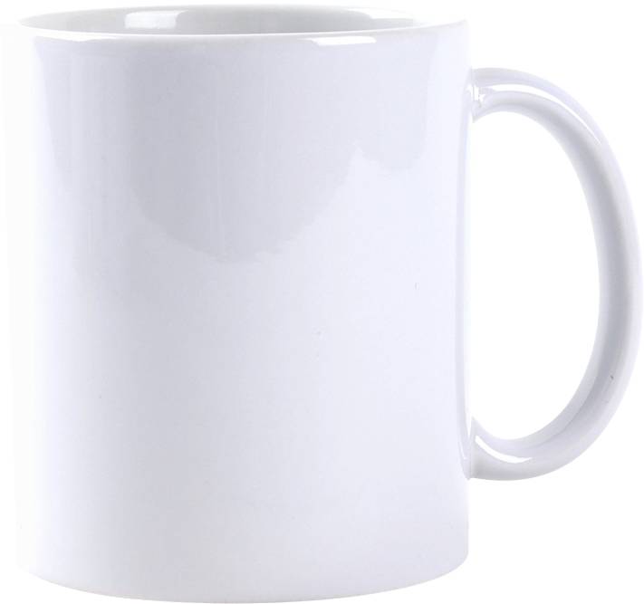 Une tasse à café blanche unie avec une anse sur un fond blanc.