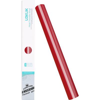Un rouleau de film de vinyle adhésif rouge est exposé à côté de son emballage. La boîte est blanche avec du texte bleu et une découpe révélant la couleur.