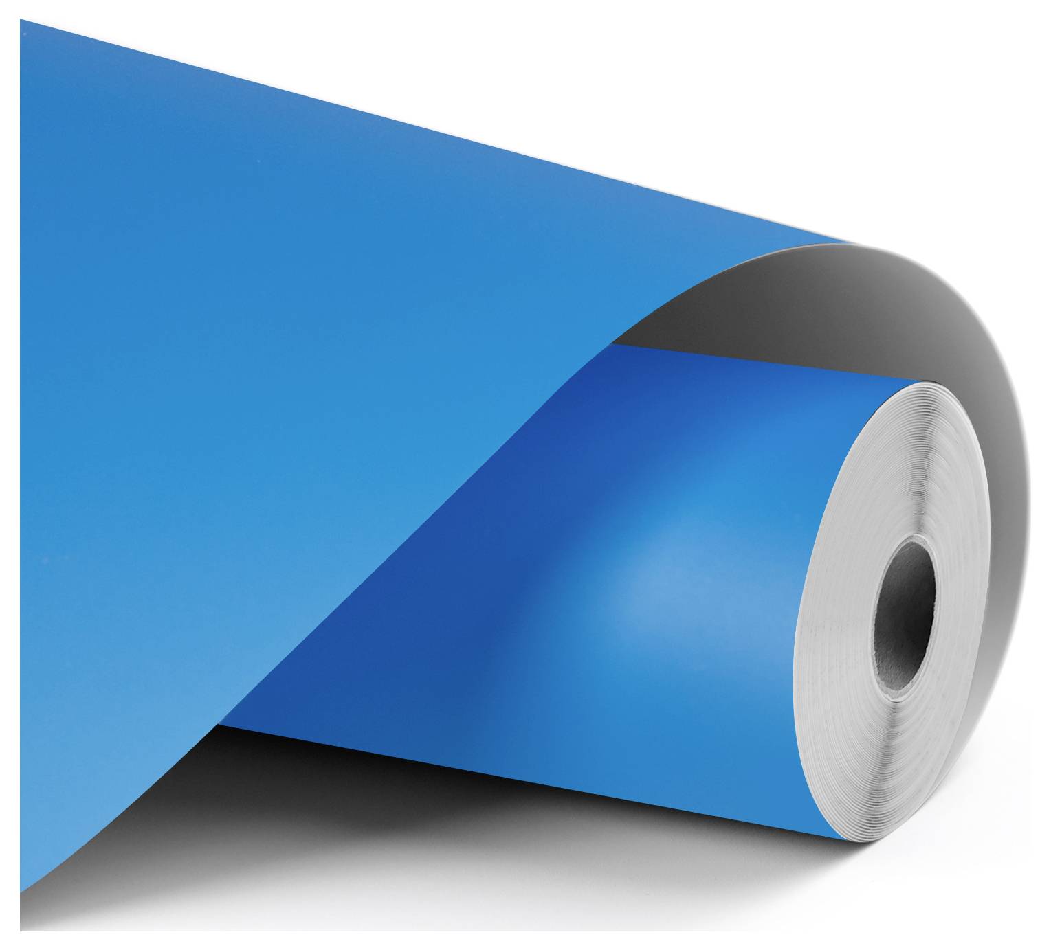 Un grand rouleau de stratifié bleu avec un noyau métallique, partiellement déroulé, mettant en avant la couleur éclatante et la texture du matériau.