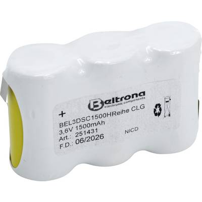 Un bloc de piles blanc et jaune étiqueté « Beltrona electronic components, 3.6V 1500mAh, Art. 251431, F.D. 06/2026, NiCd. »