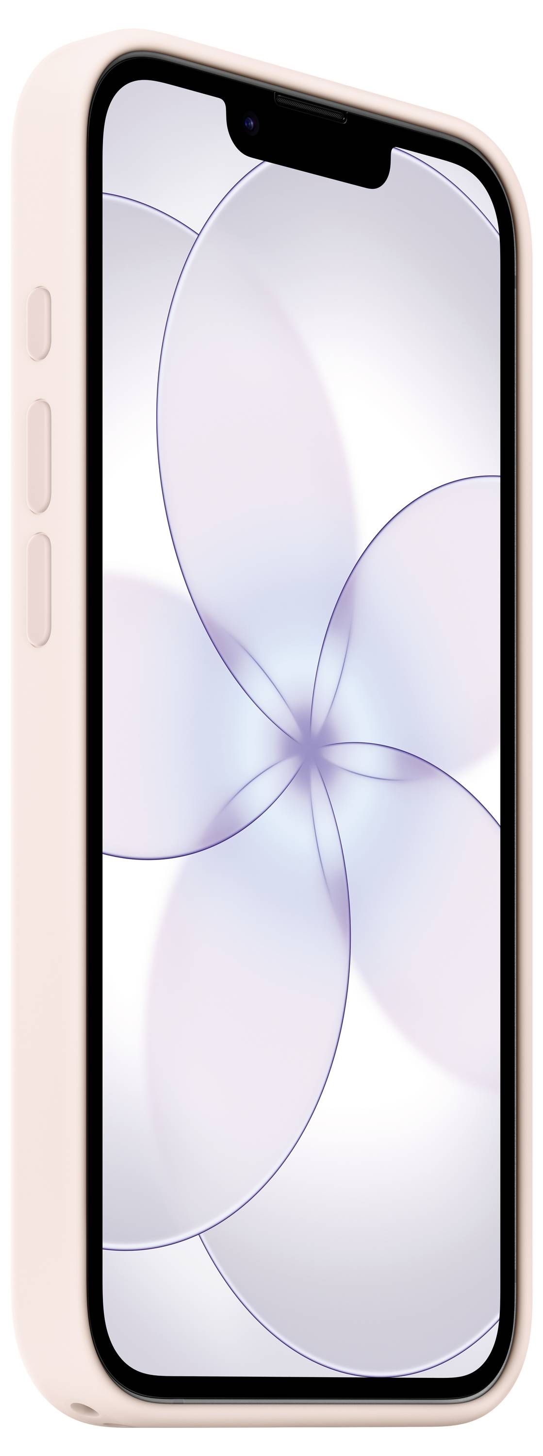 Un téléphone intelligent avec un étui rose, affichant un motif abstrait pastel sur l'écran avec des formes circulaires délicatement fondues.