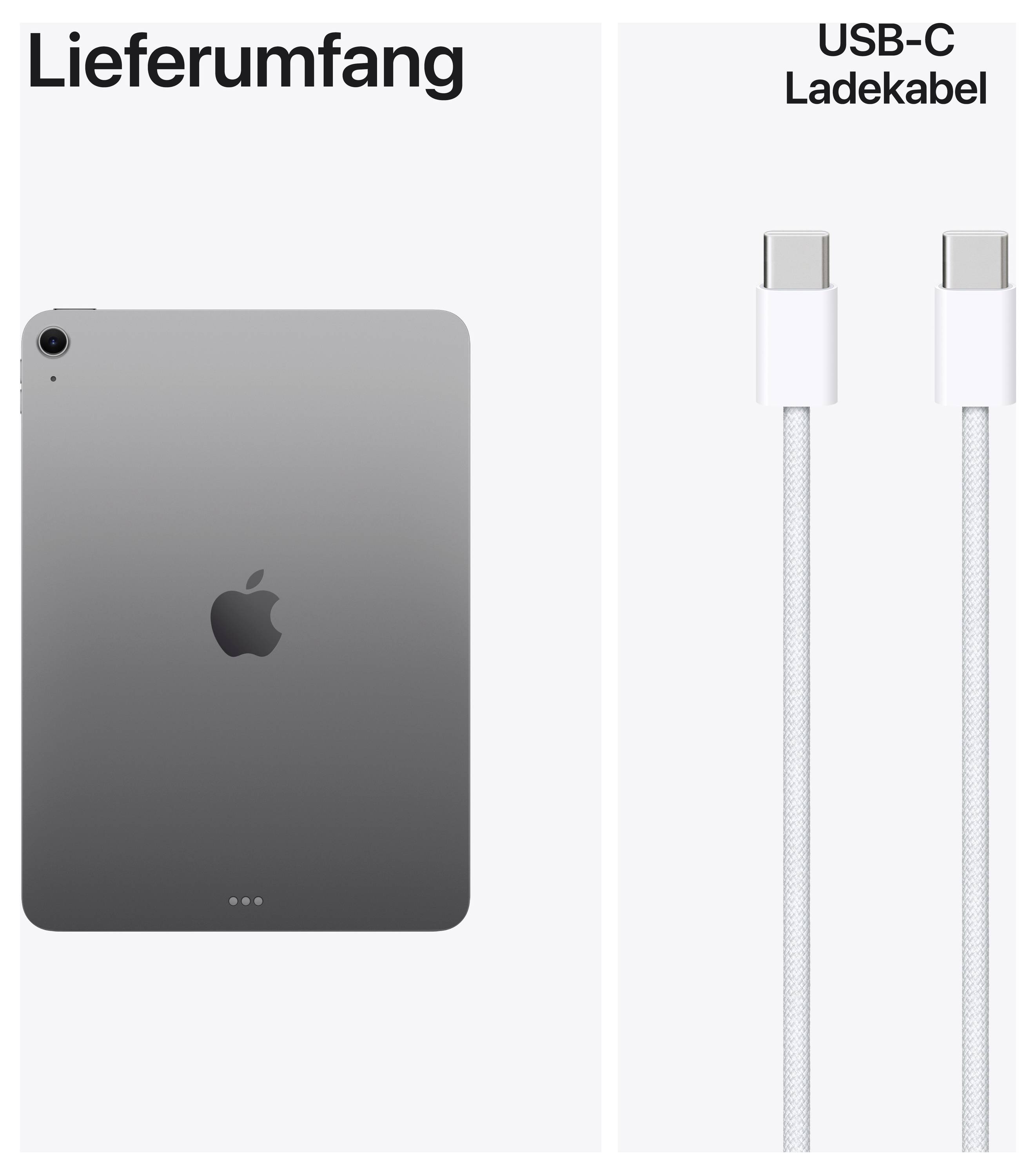 Contenu de la livraison : iPad avec dos gris et câble de charge USB-C.