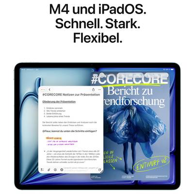 Un iPad avec une présentation ouverte sur la recherche de tendances affichée à l'écran. Au-dessus, le texte « M4 et iPadOS. Rapide. Puissant. Flexible. »