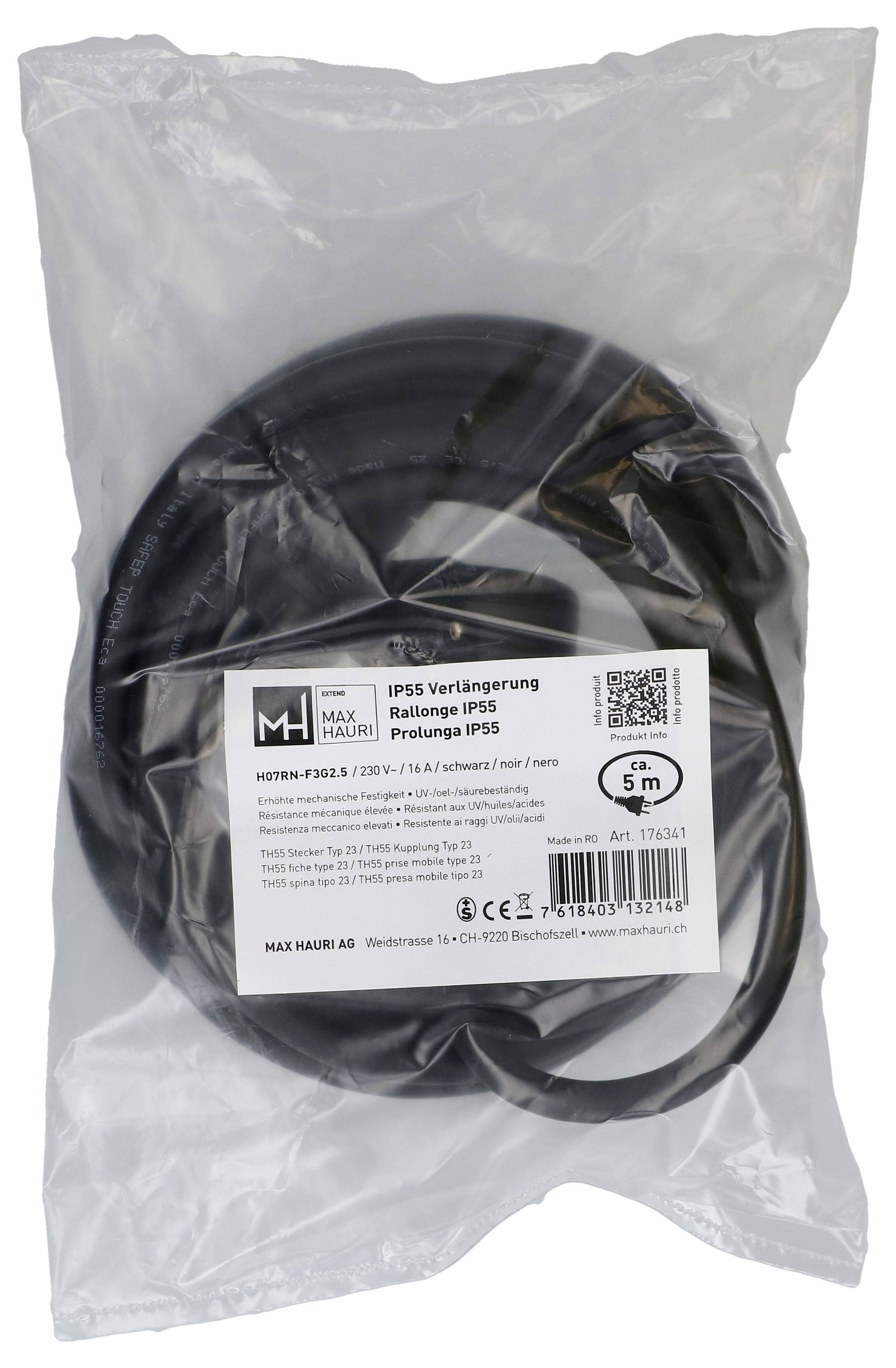 Un câble de rallonge noir enroulé à l'intérieur d'un sac en plastique transparent, étiqueté « 5 m » pour la longueur, avec les informations sur le produit et l'entreprise affichées.