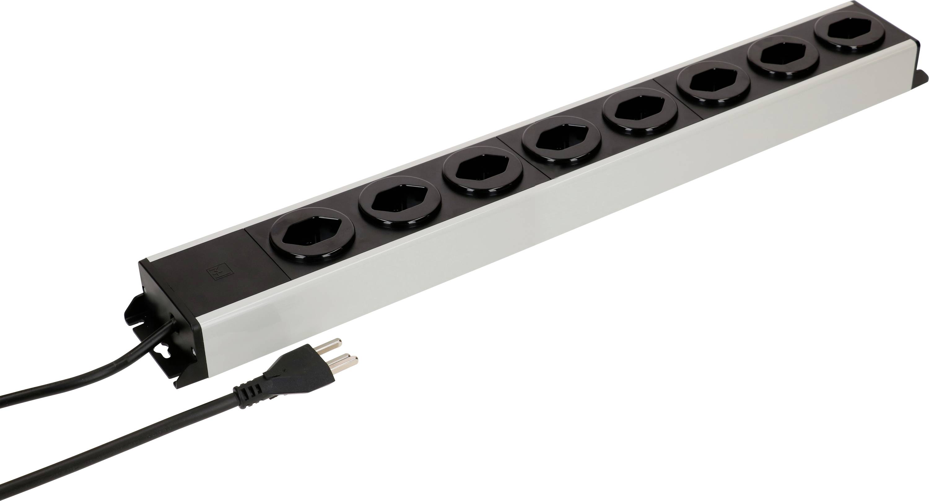 Une multiprise à huit prises avec un design noir et blanc, dotée d'une fiche de terre et d'un câble à une extrémité.