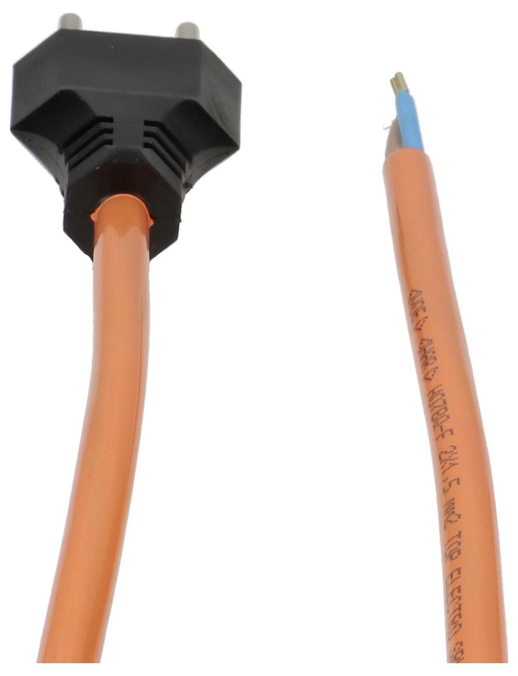 Un câble électrique orange avec une fiche européenne à une extrémité et des fils nus à l'autre extrémité, conçu pour le câblage des appareils électriques.