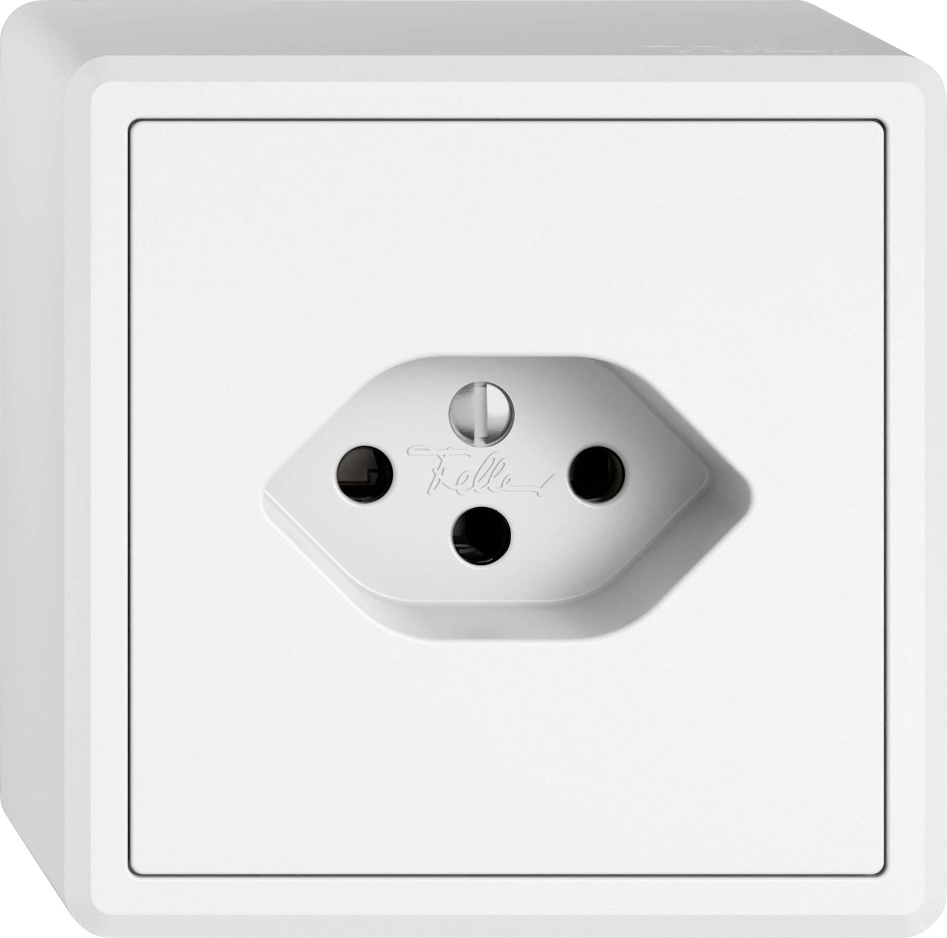 Une prise électrique murale blanche avec un design hexagonal encastré et deux trous de branchement ronds.