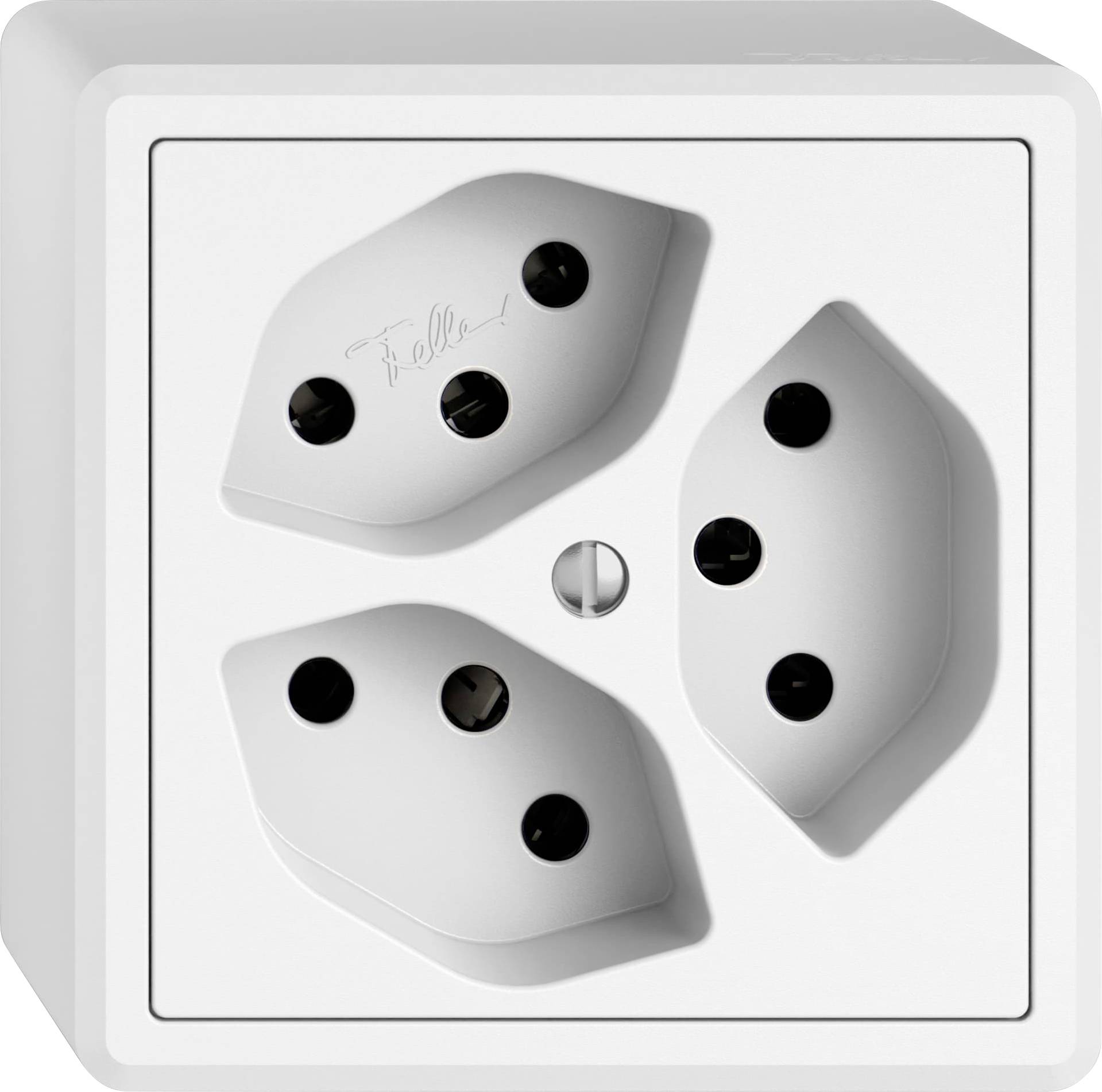 Une prise de courant blanche avec trois prises hexagonales et un design minimaliste.
