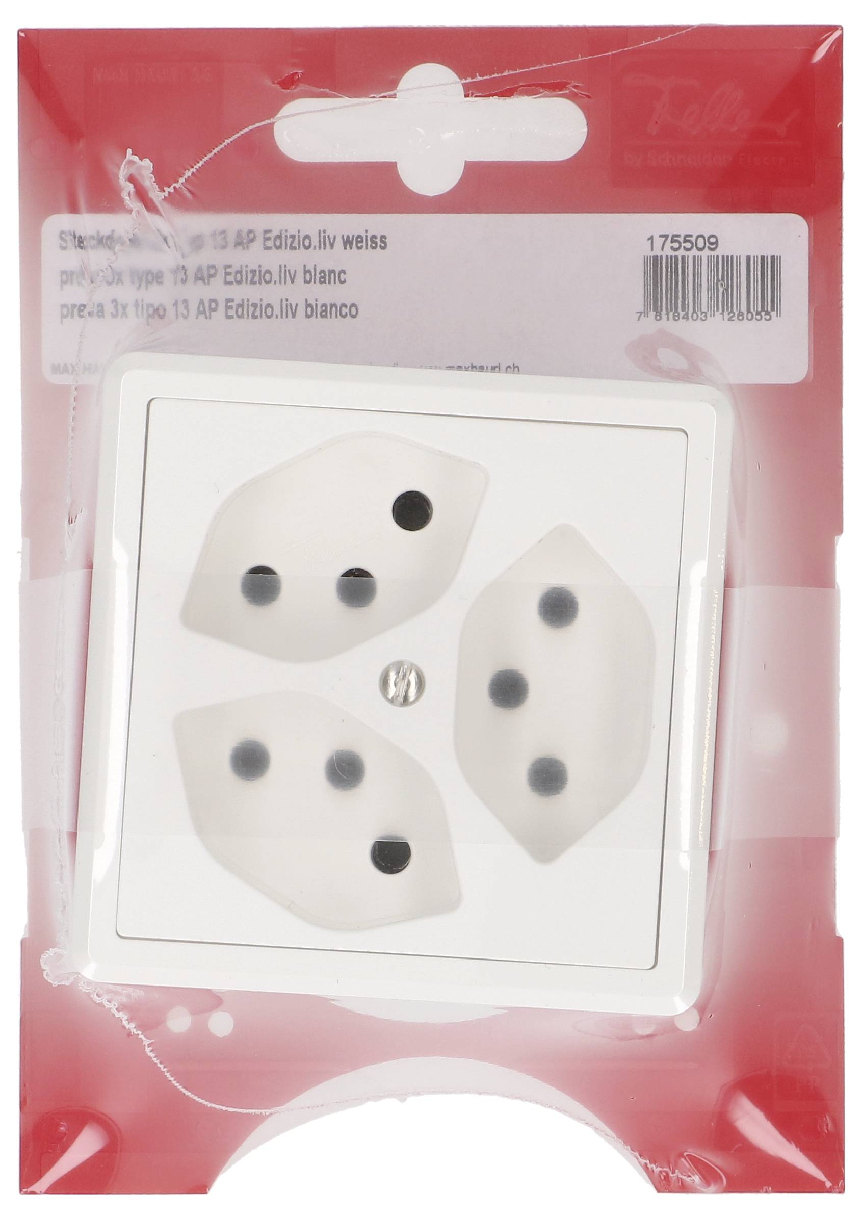 Une prise électrique blanche emballée avec trois prises, montée sur une carte de support rouge. Les étiquettes indiquent les spécifications du produit et la marque.