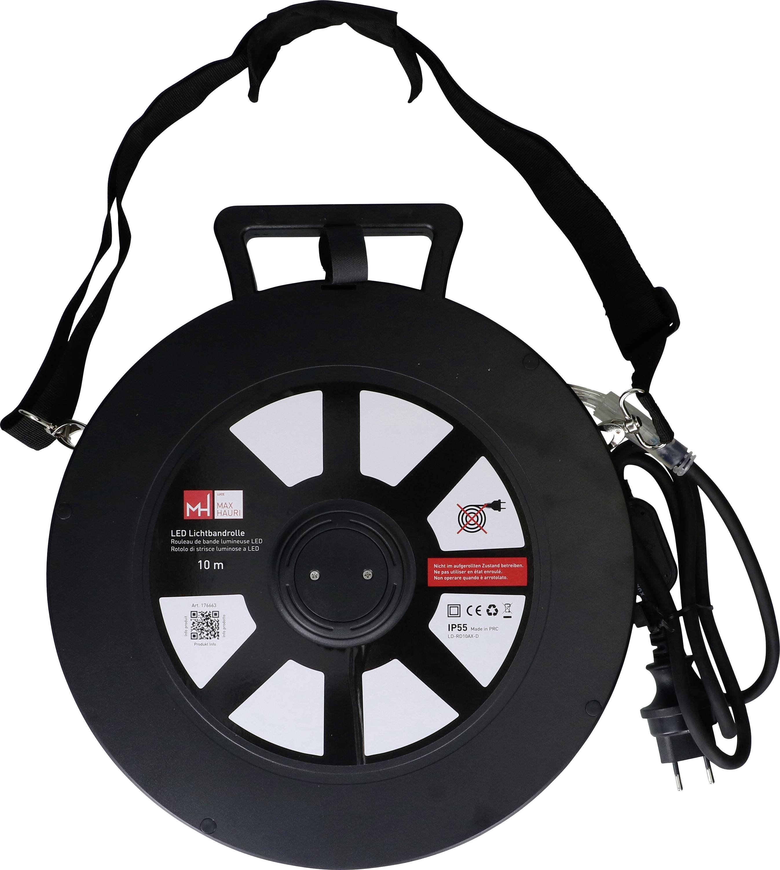 Bobine de câble noir enroulé de 10m avec poignée, sangle d'épaule et prise européenne attachée ; marquée avec des étiquettes « LED Lichterkette » et des icônes de sécurité.