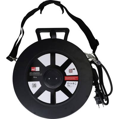 Bobine de câble noir enroulé de 10m avec poignée, sangle d'épaule et prise européenne attachée ; marquée avec des étiquettes « LED Lichterkette » et des icônes de sécurité.