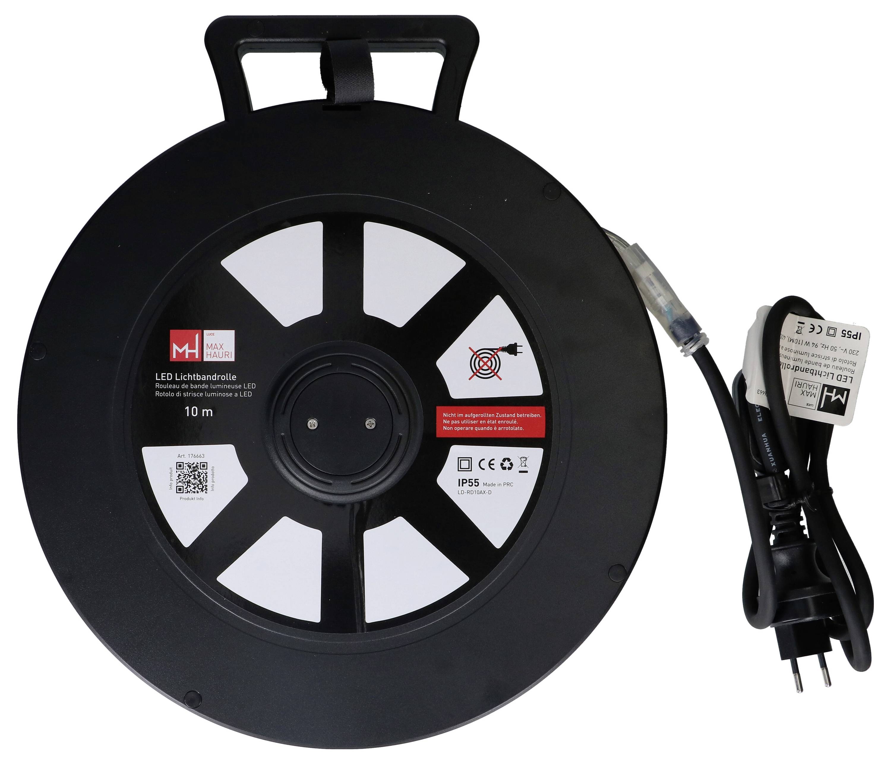 Un enrouleur de câble LED noir rond avec une poignée, affichant une étiquette rouge et blanche avec les détails du produit et un câble d'alimentation noir enroulé attaché.