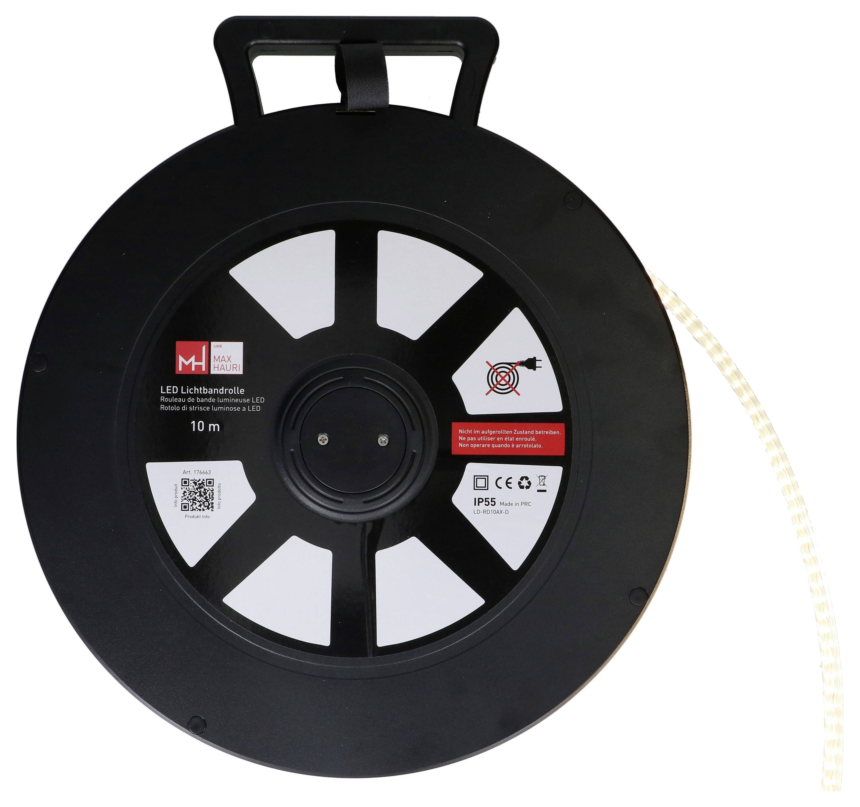 Un boîtier circulaire noir avec une poignée et une bande LED enroulée visible sur un côté. L'étiquette indique qu'il s'agit d'une bande lumineuse LED de 10 mètres.