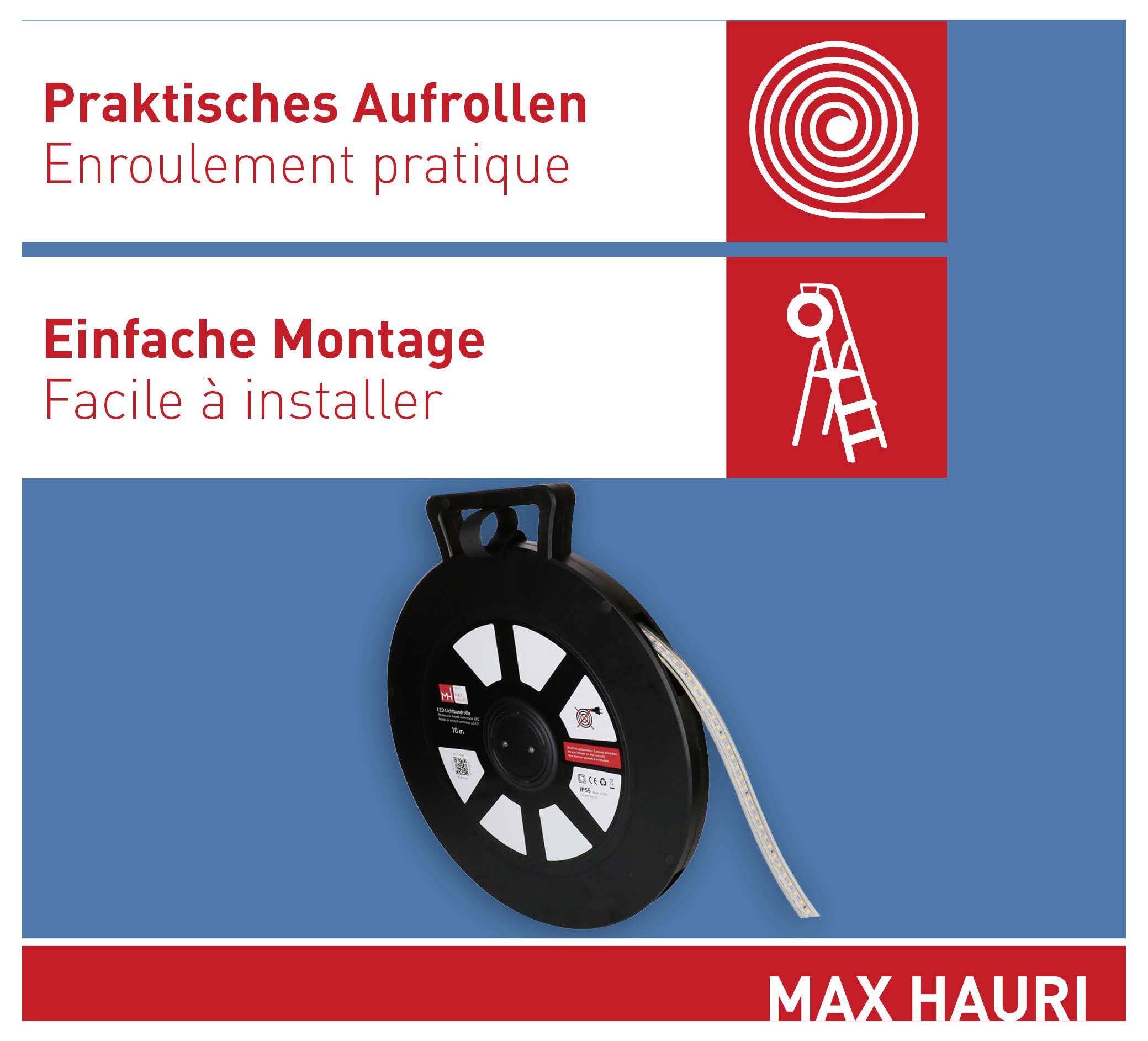 'Enroulement pratique, Enroulement pratique' et 'Facile à installer, Facile à installer' avec une image d'une bobine de ruban et d'une icône d'échelle.