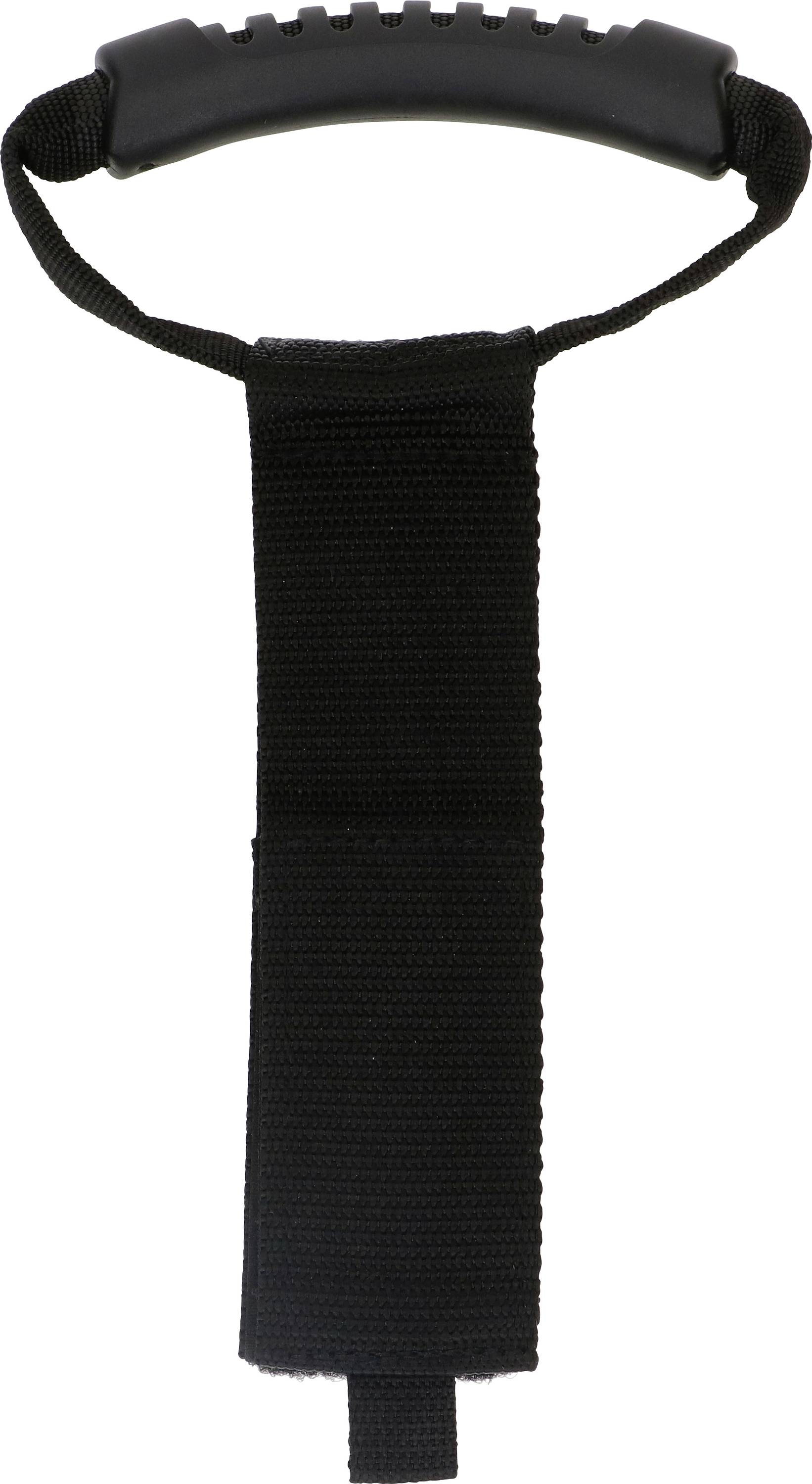 Un bracelet de poignet noir avec une poignée texturée, conçu pour une prise sécurisée, possiblement pour l'attache d'un outil ou d'un appareil.