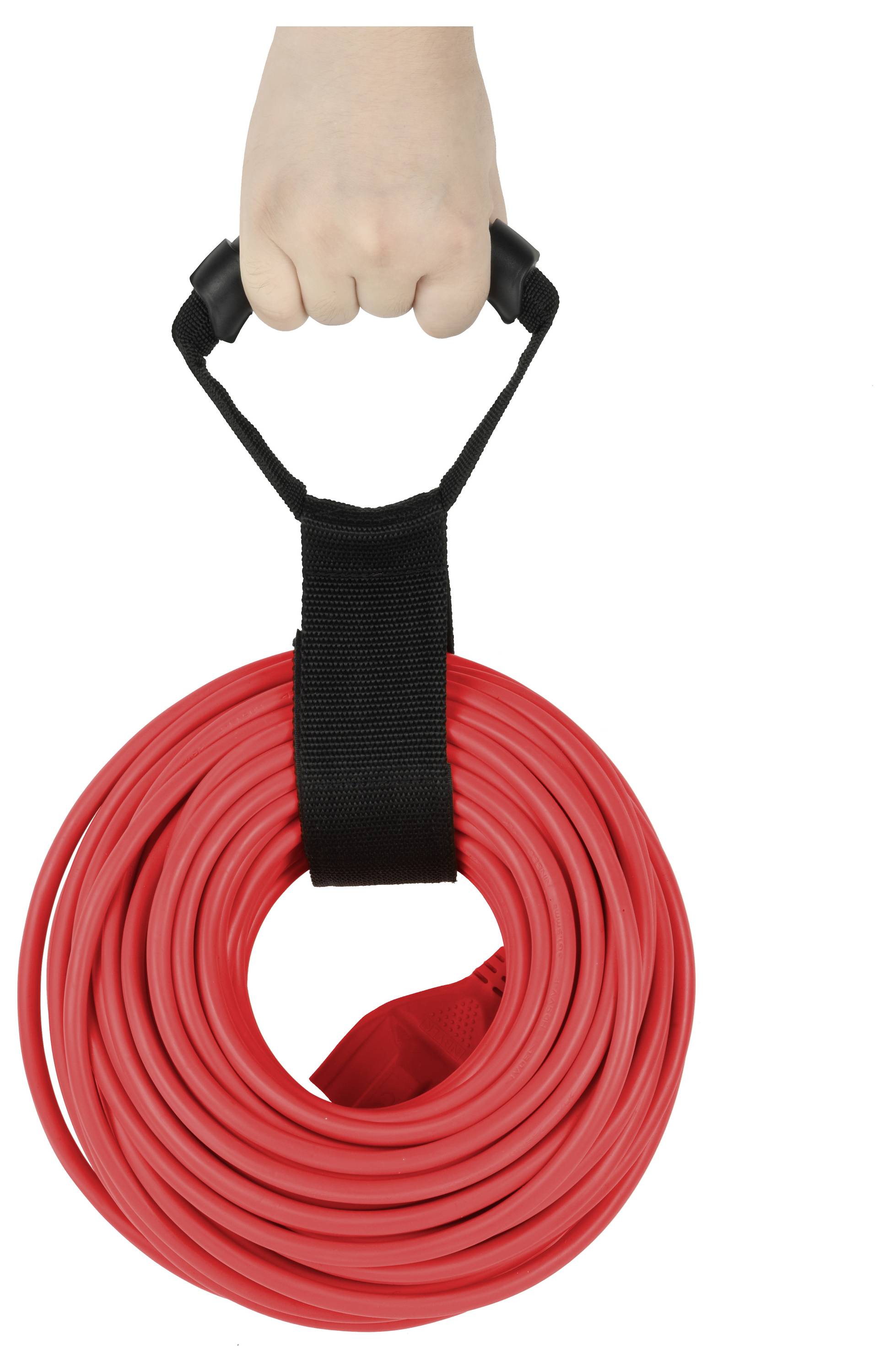 Une main tenant un câble enroulé rouge avec une sangle noire, mettant en avant un stockage portable.