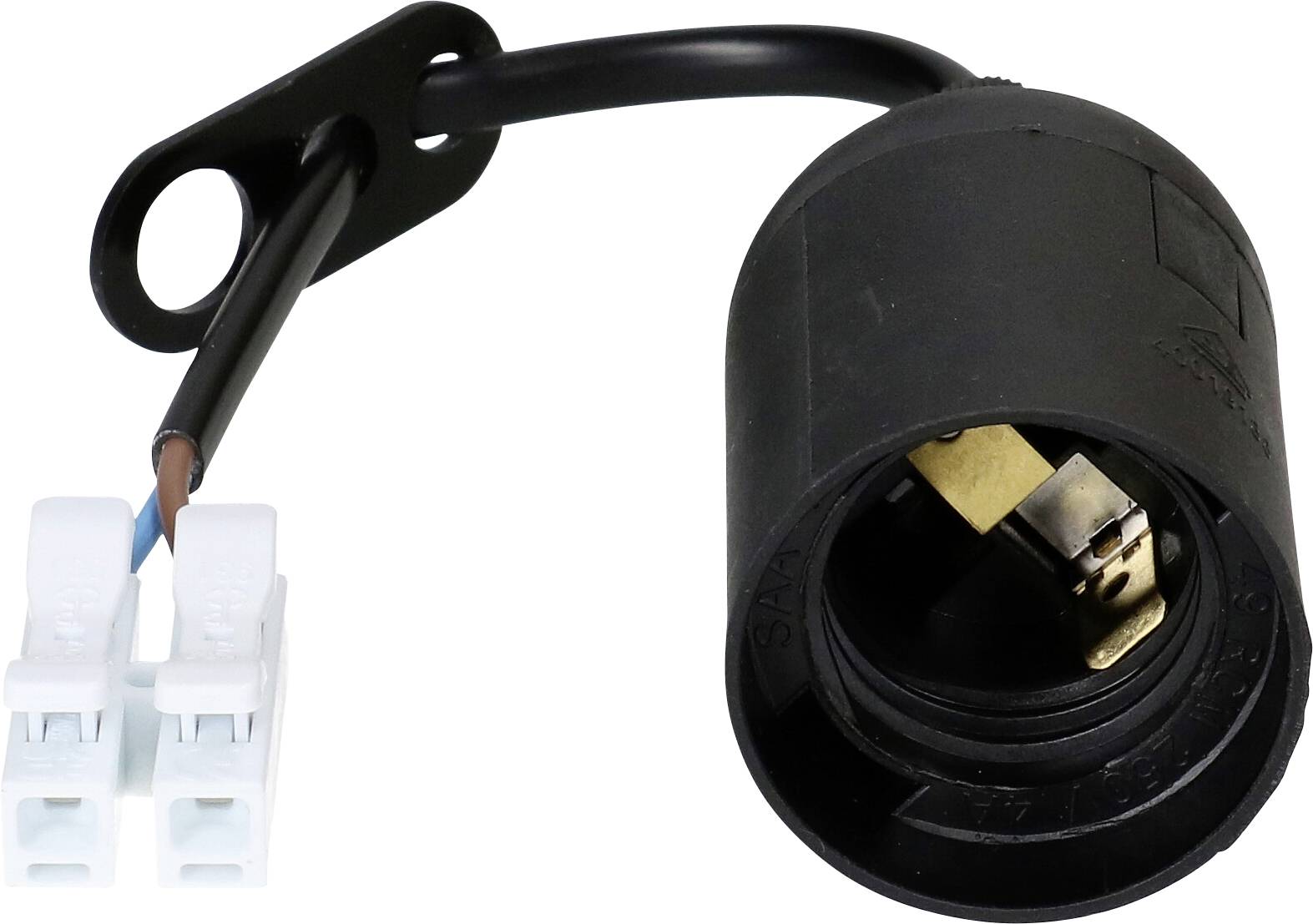 Une douille d'ampoule noire avec câblage attaché et un connecteur en plastique blanc pour l'installation électrique.