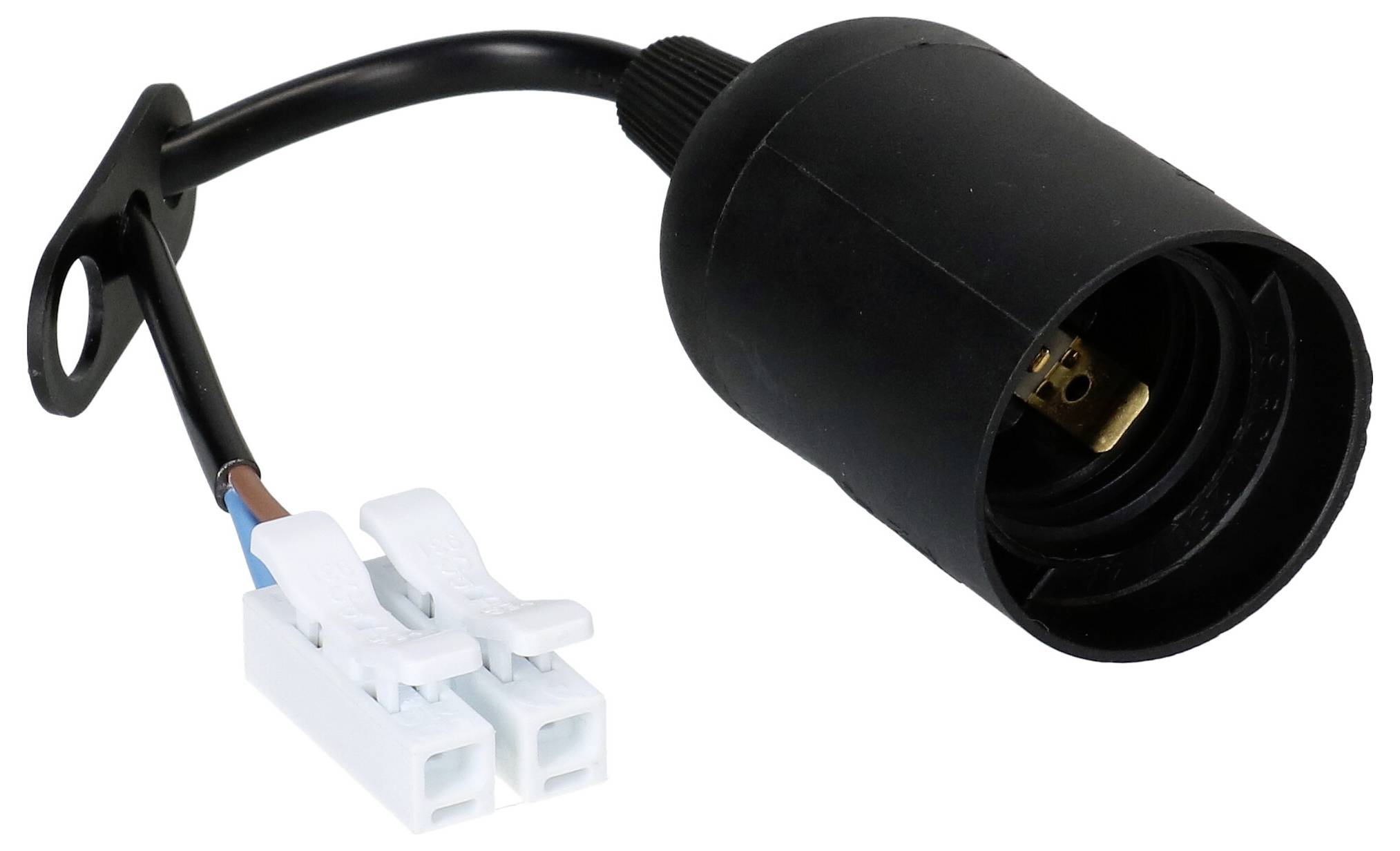 Adaptateur de douille de lampe noir avec connecteur de fil double blanc, conçu pour convertir les douilles existantes en nouvelles configurations.