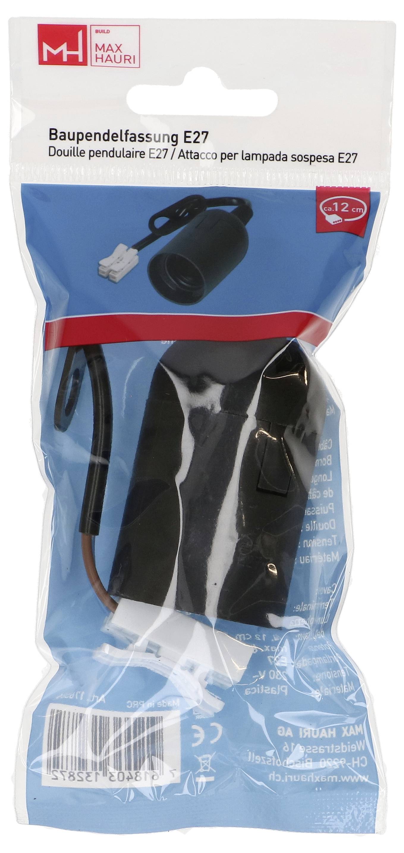 Emballage 'Max Hauri Baupendelfassung E27' montrant une douille de luminaire suspendu noire avec des fils, adaptée aux lampes suspendues.