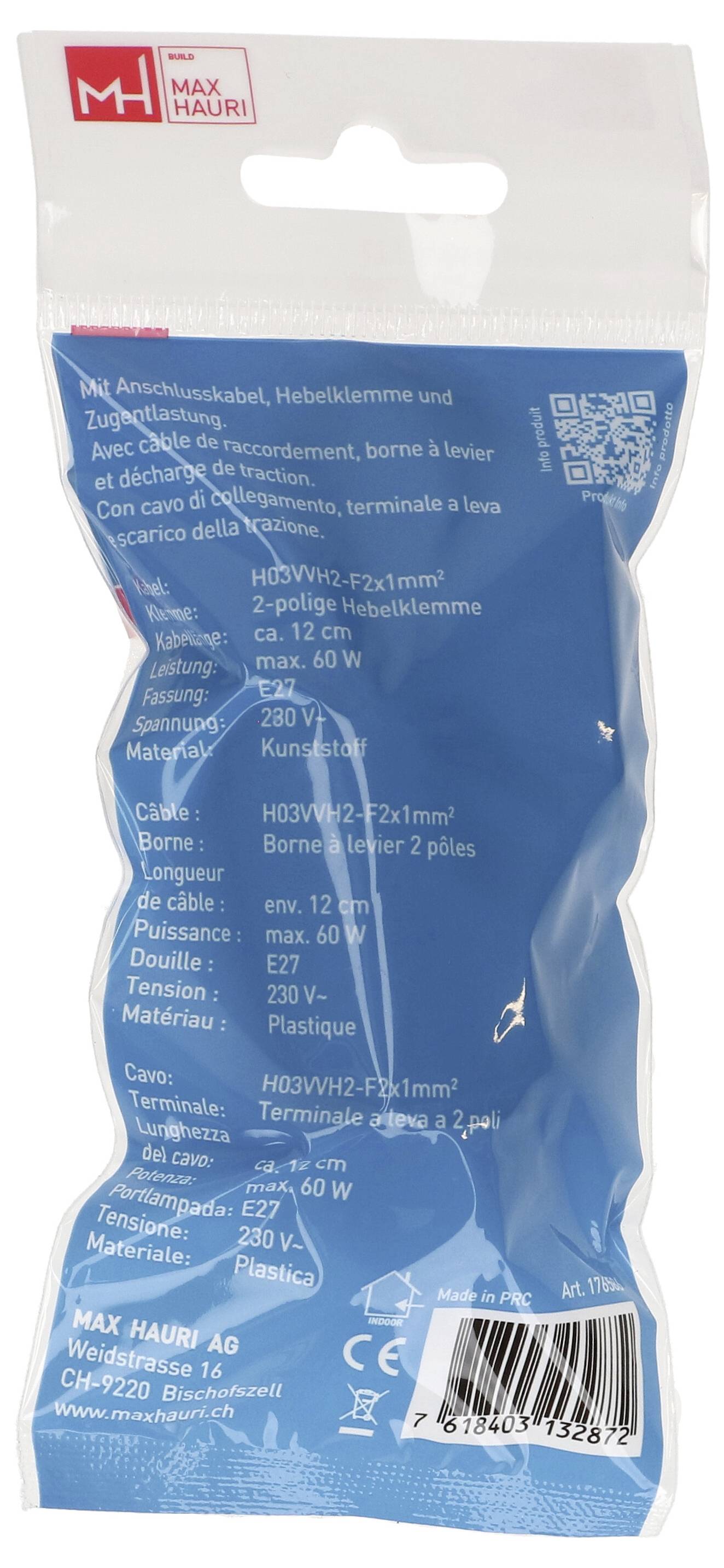 Emballage 'MAX HAURI' pour douille d'ampoule, modèle H03NVH02, avec spécifications en français : matière plastique, E27, 230V, max 60W.