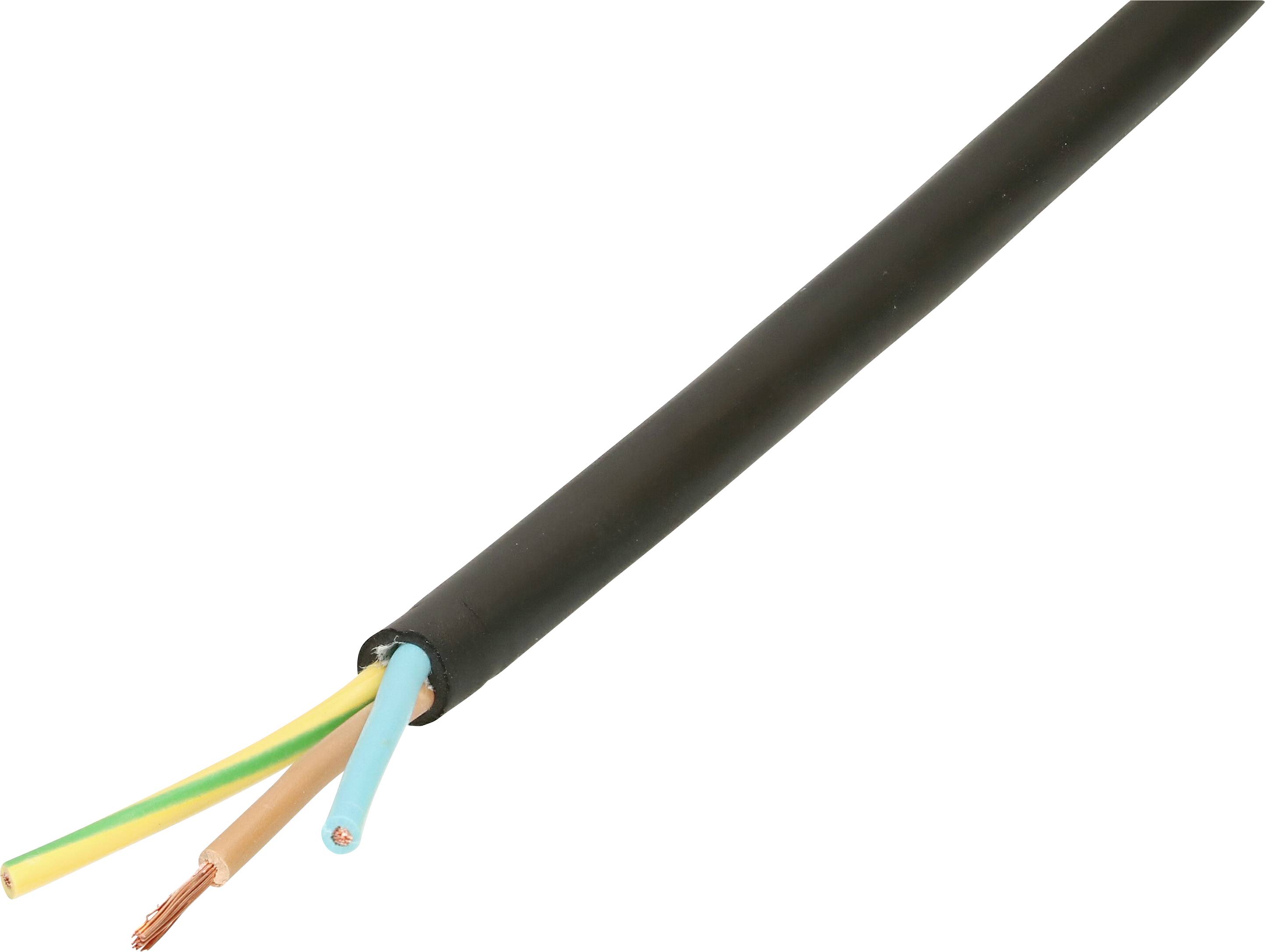 Un câble noir avec trois fils de couleur exposés : jaune-vert, bleu et marron, représentant les connexions phase, neutre et terre.