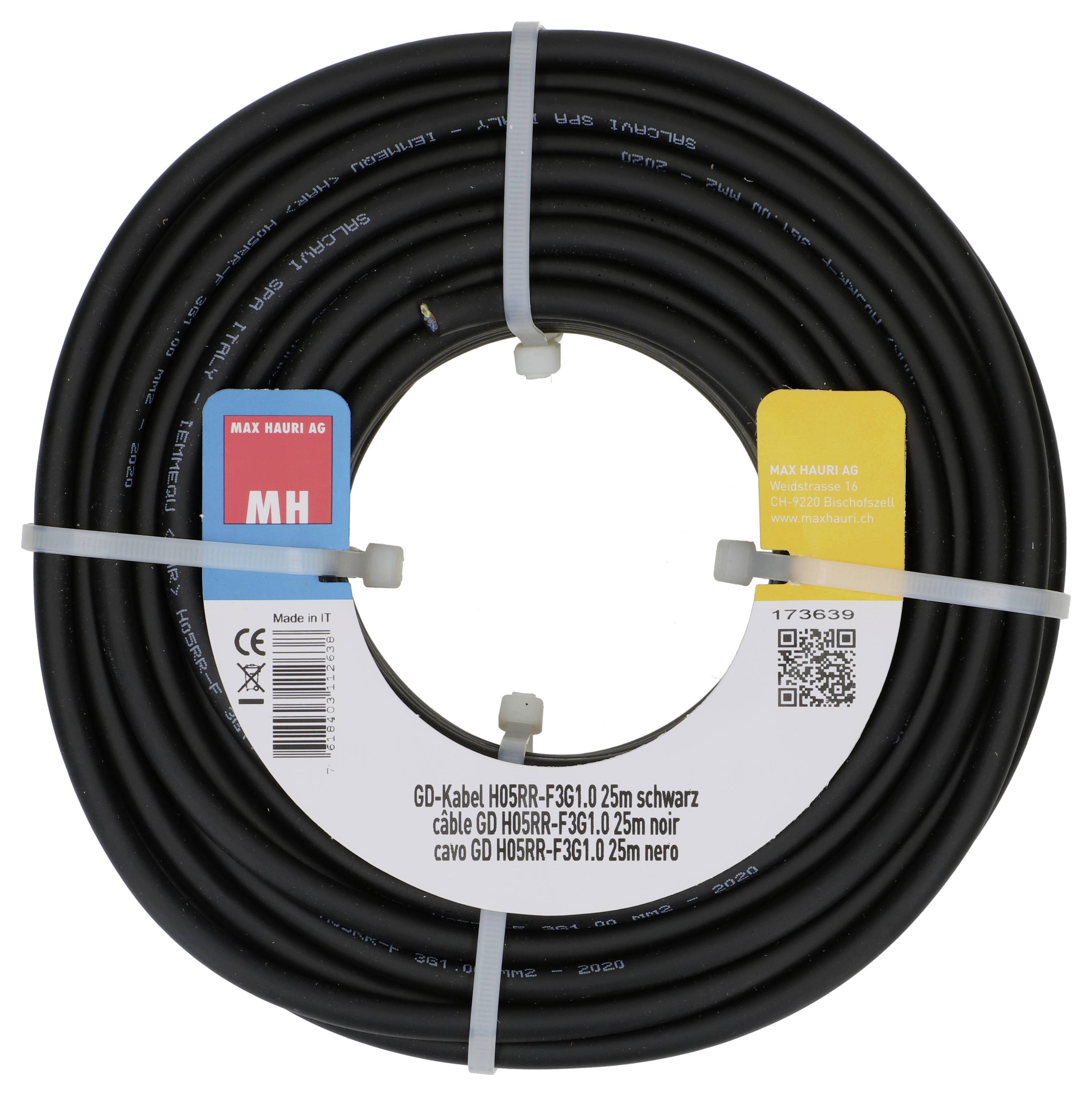 Câble électrique noir « Max Haudi AG », modèle H05RR-F3G1, 0,25 mètre, enroulé avec des étiquettes d'information de couleur ; symboles CE et de qualité visibles.