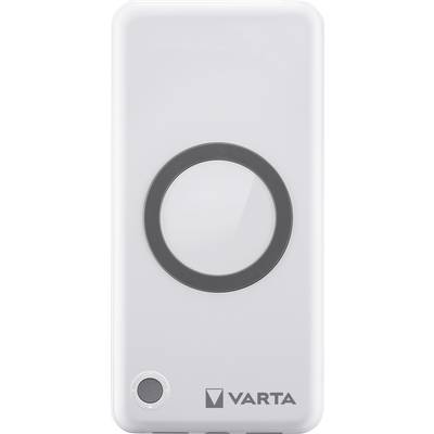 Appareil électronique rectangulaire blanc avec un bouton circulaire et une petite lumière circulaire. Logo VARTA en bas.