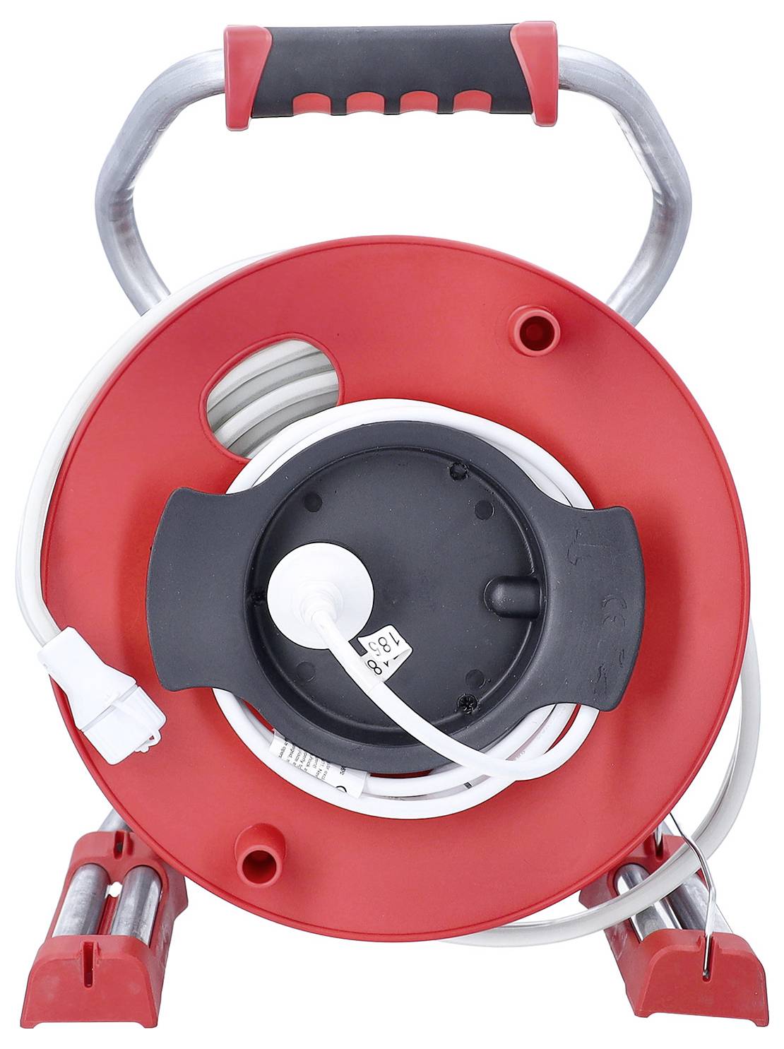 Bobine de câble rouge et noir avec cordon de rallonge blanc enroulé, dotée d'une poignée de transport et d'une base stable.