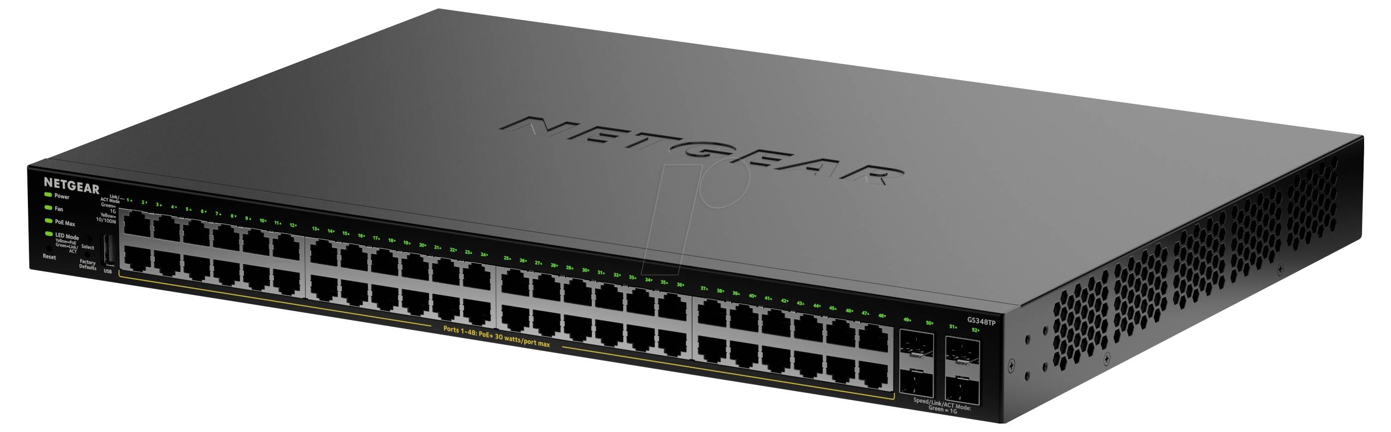 Un commutateur réseau Netgear noir avec 48 ports Ethernet et des indicateurs LED est présenté. Il est conçu pour les configurations de réseautage à grande échelle.
