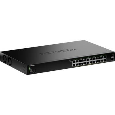 Un commutateur réseau NETGEAR noir avec plusieurs ports Ethernet et des indicateurs LED sur le panneau avant. Convient pour un montage en baie.