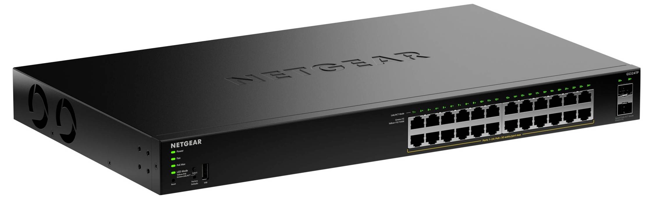 Un commutateur réseau Netgear noir avec 24 ports Ethernet et des indicateurs LED, adapté pour connecter plusieurs appareils dans un réseau.