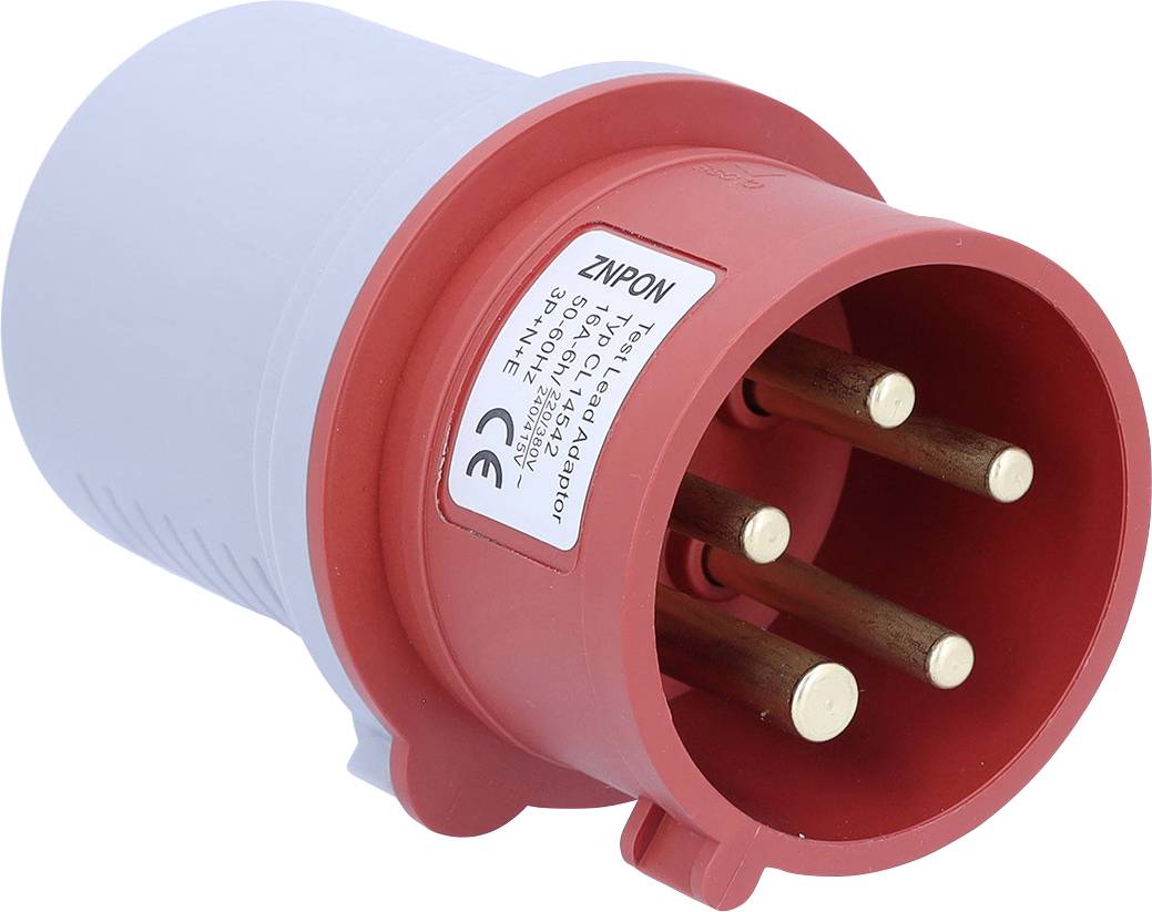 Une fiche industrielle rouge avec cinq broches circulaires en métal, utilisée pour les connexions haute tension. La fiche est orientée pour montrer la configuration des broches.