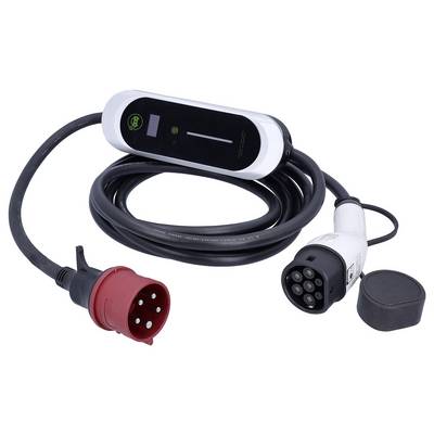 Un câble de recharge de véhicule électrique avec une prise rouge et un connecteur multi-broches, enroulé près d'une unité de recharge, prêt à être utilisé.