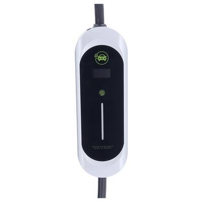 Une prise de recharge pour véhicule électrique avec un écran numérique, affichant une icône de voiture verte et un symbole de recharge, entouré d'un boîtier en argent.