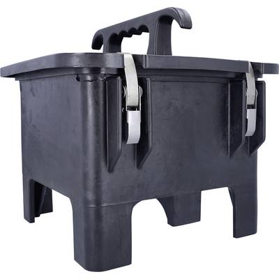 Un étui de transport noir et rectangulaire doté d'une poignée robuste et de fermoirs métalliques sécurisés, surélevé par quatre pieds.