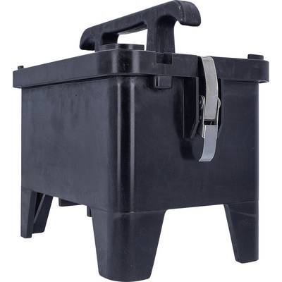 Une boîte en plastique noir robuste avec une poignée et un loquet métallique, surélevée sur quatre petites pattes.