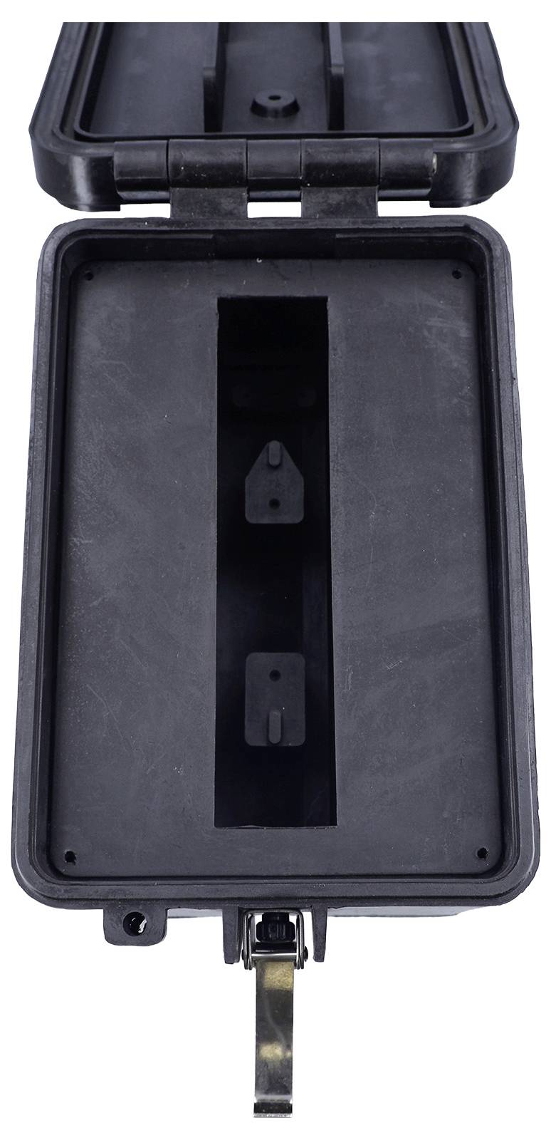 Un boîtier rectangulaire noir en plastique ouvert avec une longue fente verticale au centre et deux languettes qui dépassent, fixés par un loquet en métal.