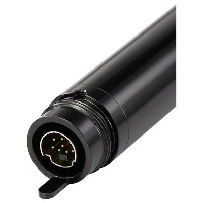 Gros plan d'un connecteur ou dispositif métallique cylindrique noir avec une fiche électrique multi-broches circulaire à l'extrémité.