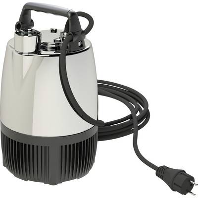 Une pompe à eau en acier inoxydable avec poignée noire et long câble d'alimentation, adaptée à une utilisation submersible pour les tâches d'évacuation.
