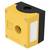 Un petit capteur jaune et noir avec une lentille circulaire centrale et des ouvertures carrées et rectangulaires sur le côté, fixé avec des vis à chaque coin.