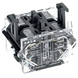 Un relais en plastique transparent clair avec des connecteurs noirs, étiqueté avec des spécifications incluant la tension et les certifications, vu sous un angle.